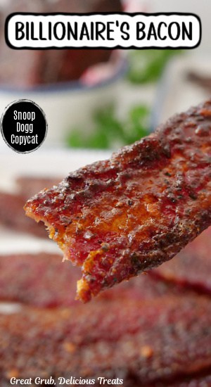 A close up of a piece of crispy candied bacon.