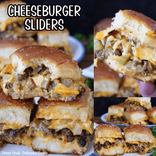 A three collage photo of cheeseburger sliders.