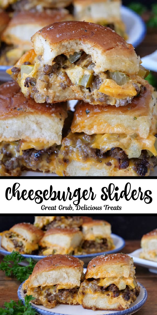 A double collage photo of cheeseburger sliders with the title of the recipe in the center of the two photos.