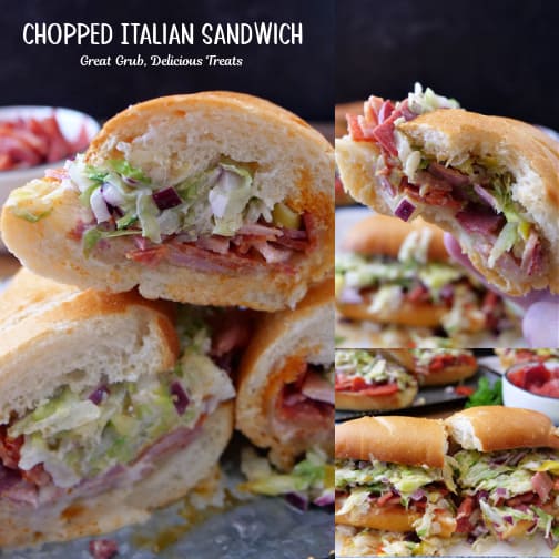 A three collage photo of chopped Italian sandwiches.