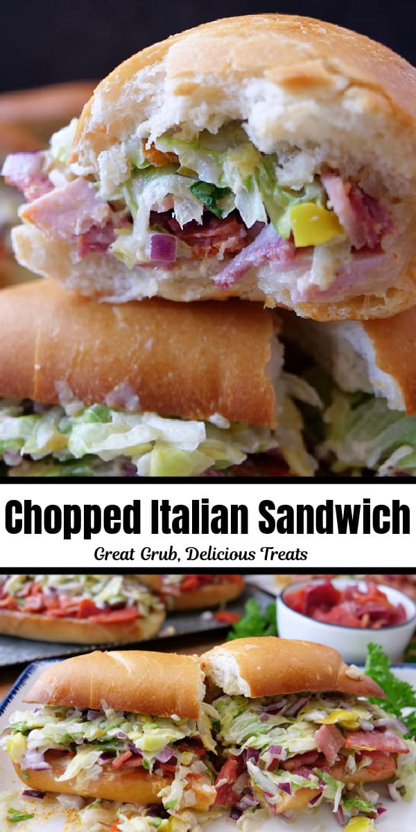 a double collage photo of a chopped Italian sandwich with a bite taken out.