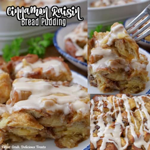 A three collage photo of cinnamon raisin bread pudding.