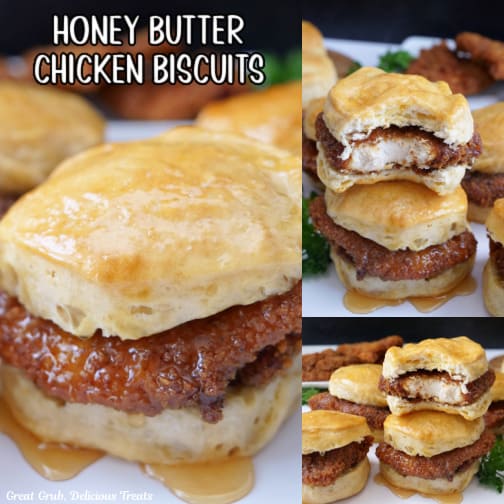 A three collage photo of honey butter chicken biscuits.