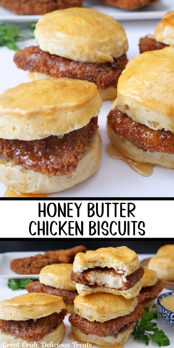 A double collage photo of fried chicken breasts nestled in between buttermilk biscuits with honey butter brushed over the top.