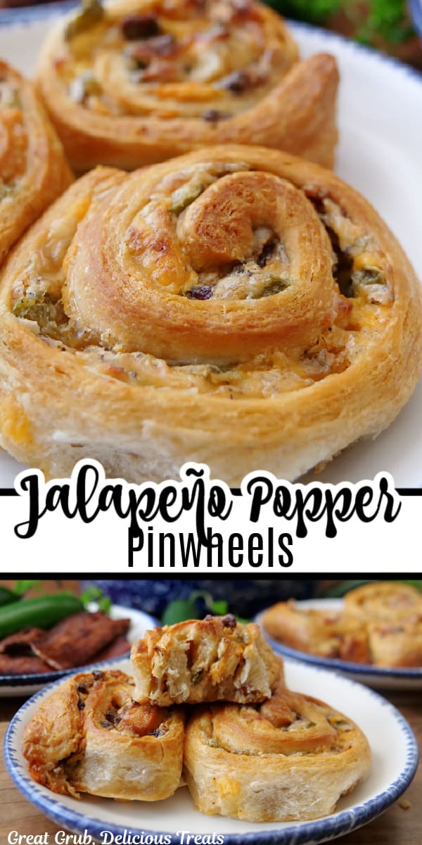 A double collage photo of jalapeno popper pinwheels on white round plates with blue trim.