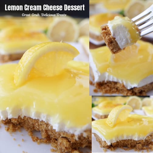 A three collage photo of lemon cream cheese dessert.