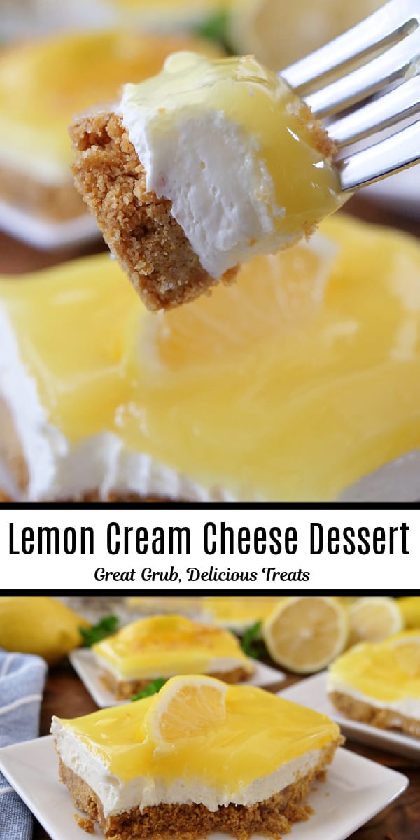 A double collage photo of lemon cream cheese dessert.