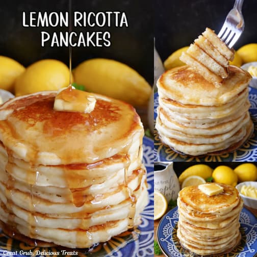A three collage photo of lemon ricotta pancakes.