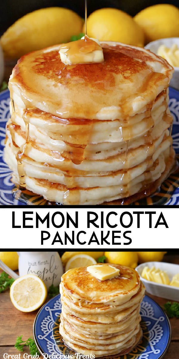 A double collage photo of lemon ricotta pancakes.