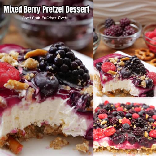 A three collage photo of mixed berry pretzel dessert.
