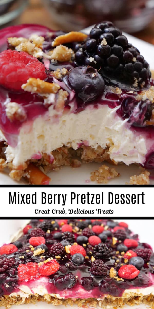 A double collage photo of mixed berry pretzel dessert.