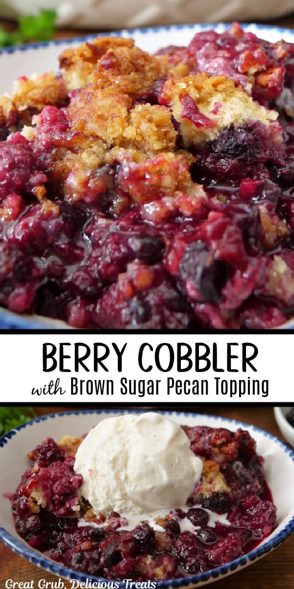 A double collage photo of a serving of berry cobbler in a white bowl with blue trim.