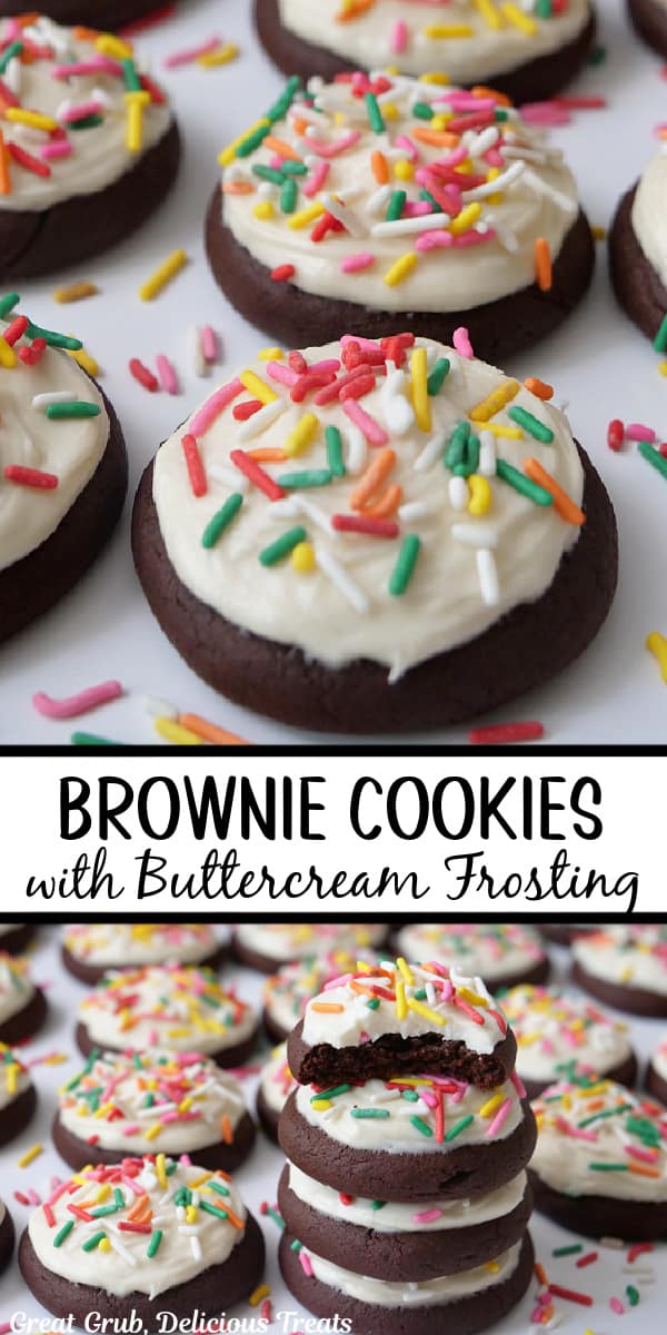 A double collage photo of brownie cookies with white buttercream frosting and candy sprinkles.