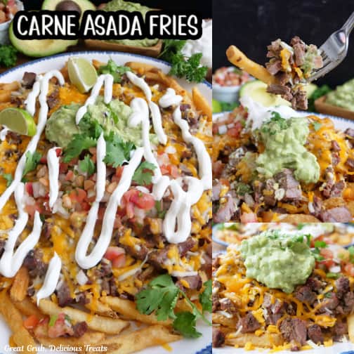 A three collage photo of carne asada fries.