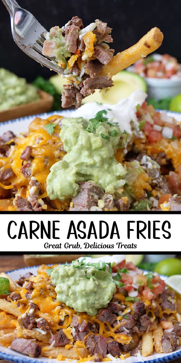 A double collage photo of carne asada fries with a bite on a fork.
