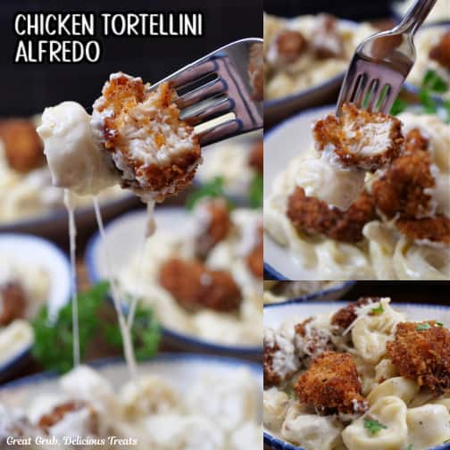 A three collage photo of fried chicken pieces and cheese tortellini with alfredo sauce.