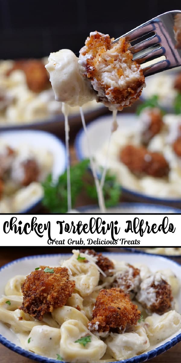 A double collage photo of fried chicken pieces with cheese tortellini in a homemade alfredo sauce.