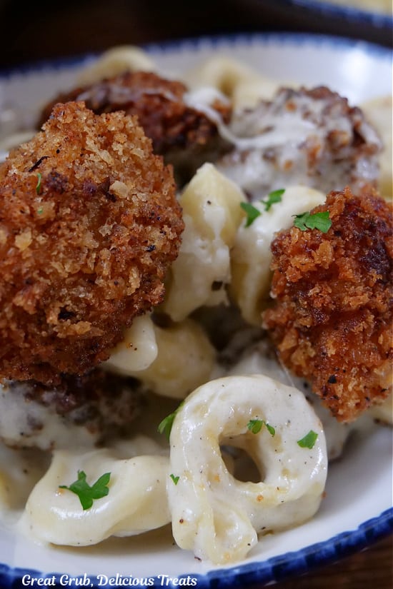 A close up of fried chicken pieces and cheese tortellini in a homemade alfredo sauce.