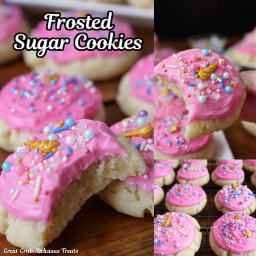 A three collage photo of pink frosted sugar cookies with candy sprinkles.