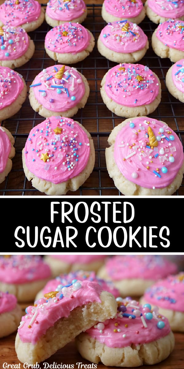 A double collage photo of sugar cookies with pink frosting and candy sprinkles.