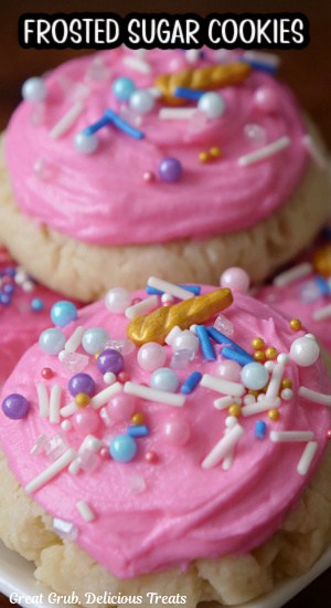 A close up photo of two sugar cookies with pink frosting and candy sprinkles.