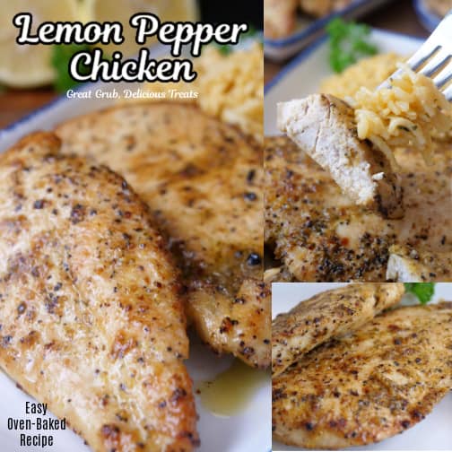 Three collage photo of lemon pepper chicken on a white plate.