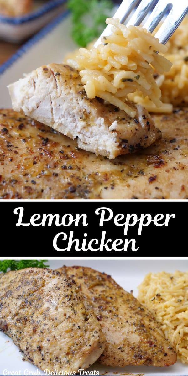 A double collage photo of oven-baked lemon pepper chicken breasts.