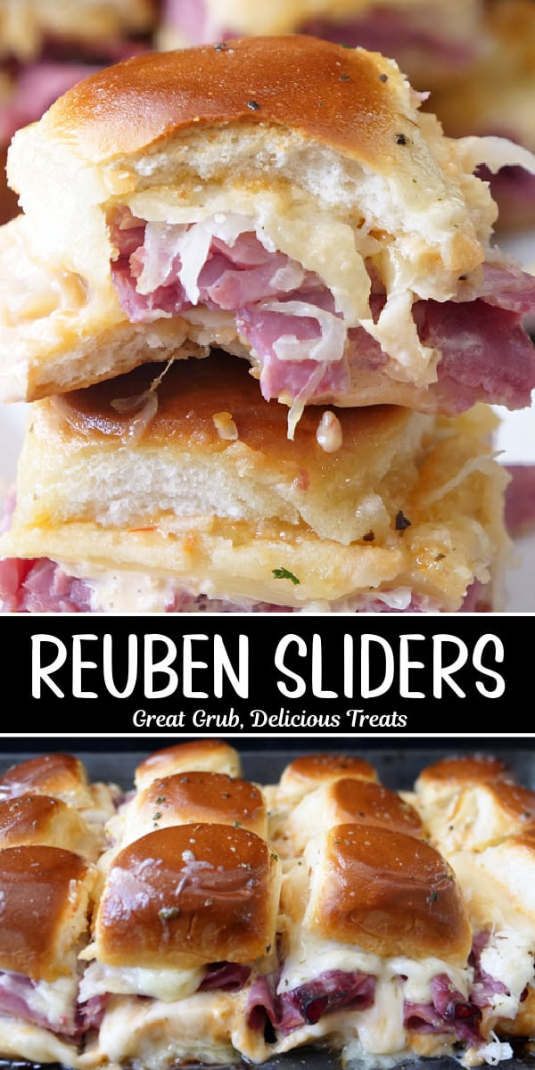 A double collage photo of Reuben Sliders with the title of the recipe in the center between the two photos.