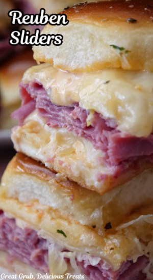 A close up of two Reuben Sliders.
