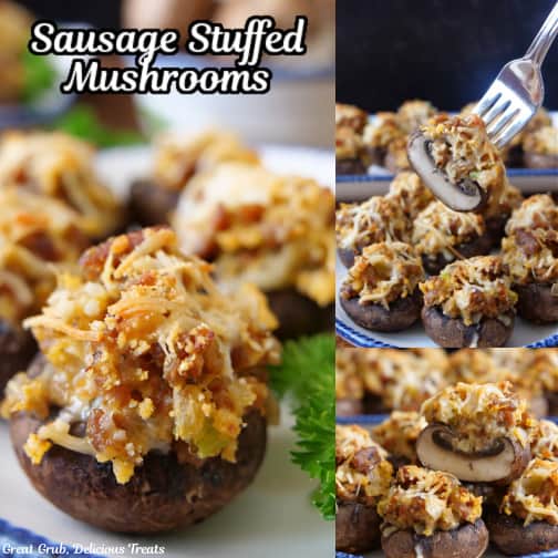 A three collage photo of sausage stuffed mushrooms.