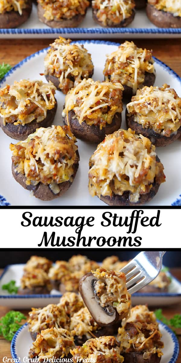 A double collage photo of stuffed mushrooms with a sausage mixture, topped with Parmesan.