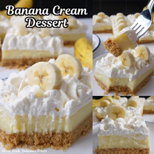 A three collage photo of banana cream dessert.