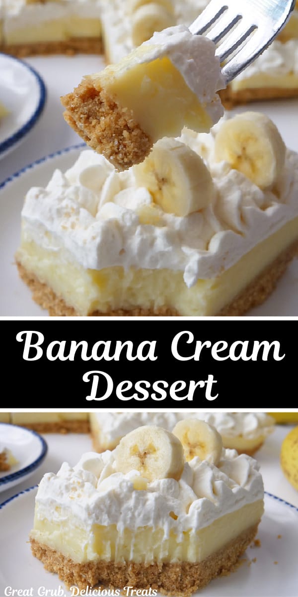 A double collage photo of banana cream dessert bars.