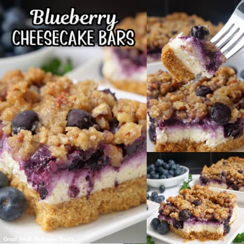 A three collage photo of blueberry cheesecake bars.