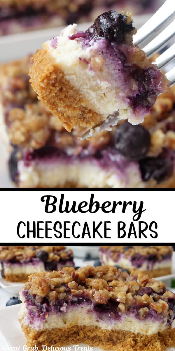 A double collage photo of blueberry cheesecake bars.