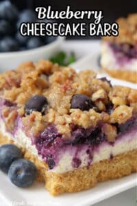 A close up photo of a white plate with a serving of a blueberry cheesecake bar that has a graham cracker crust, a cheesecake layer, and topped with blueberries, and a pecan topping.