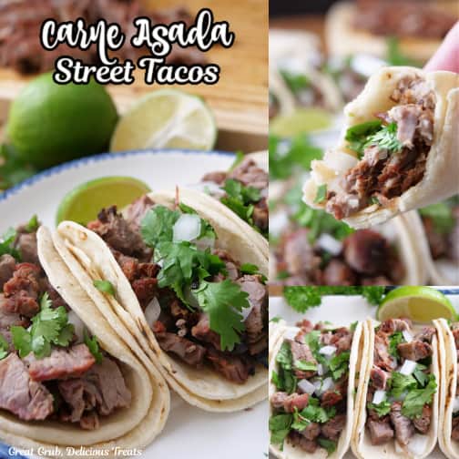 A three collage photo of carne asada street tacos.