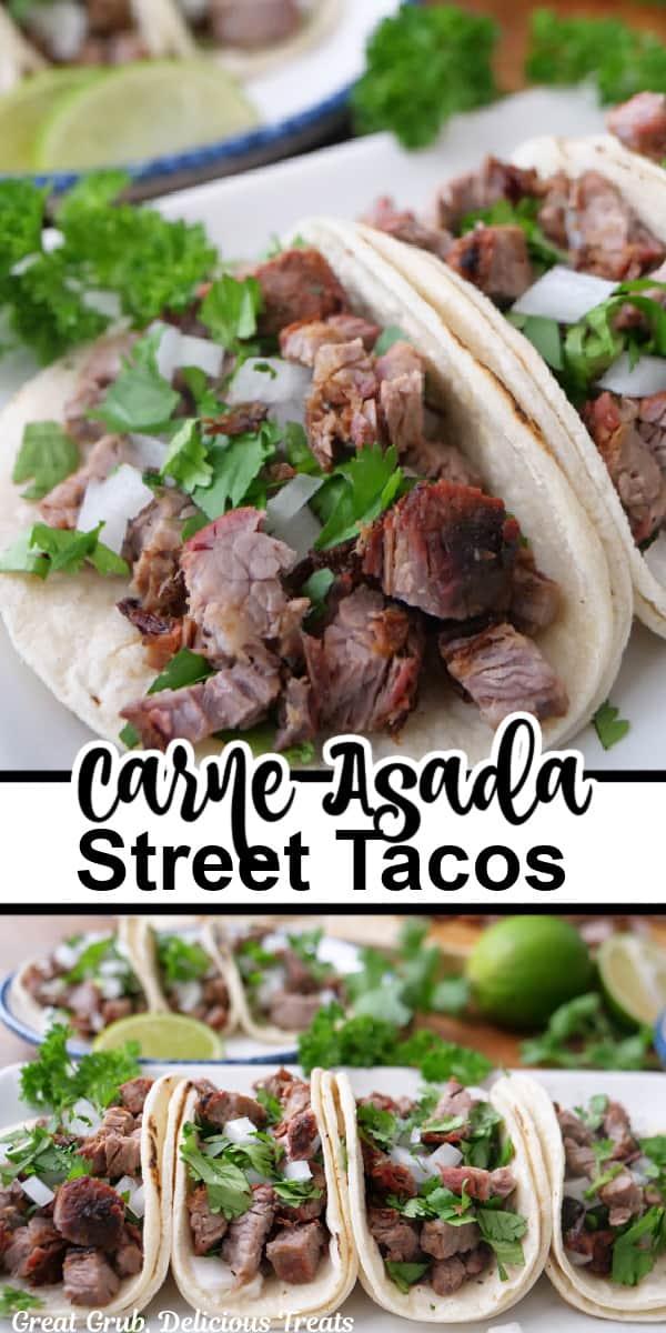 A double collage photo of carne asada street tacos.