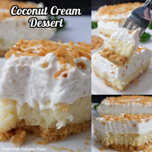 A three collage photo of coconut cream dessert.