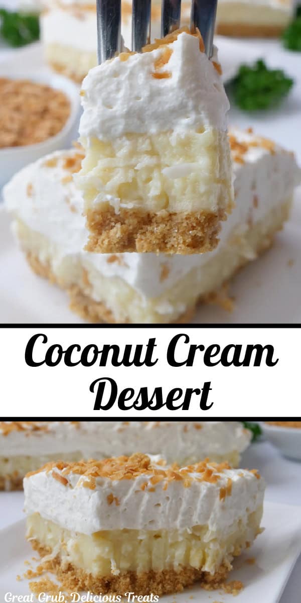 A double collage photo of coconut cream dessert.