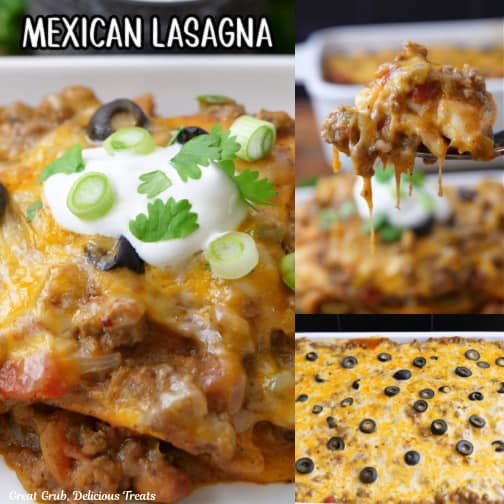 A three collage photo of Mexican Lasagna.