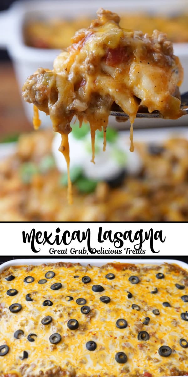 A double collage photo of Mexican lasagna.