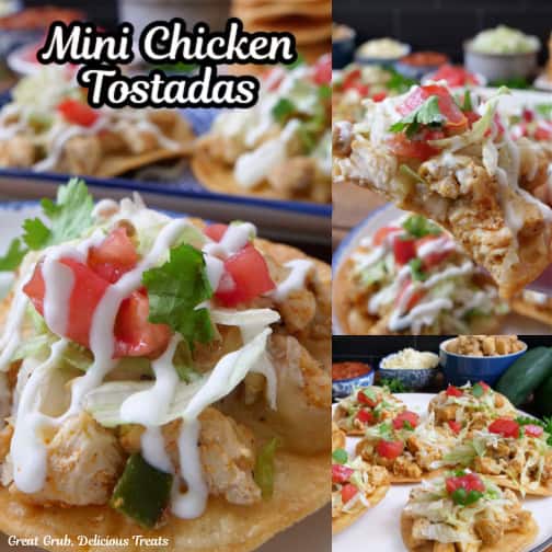 A three collage photo of mini chicken tostadas.