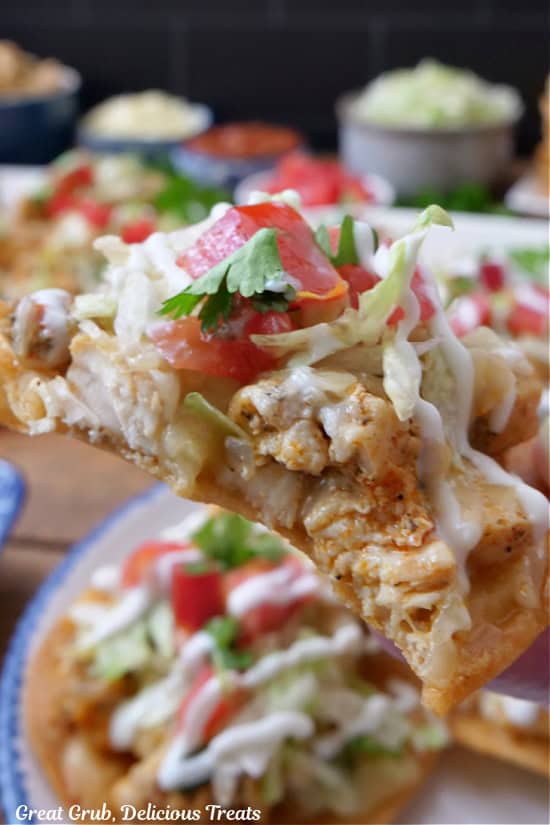 A close up of a mini tostada with a few bites taken out of it.