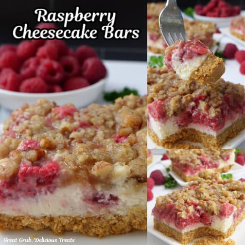 A three collage photo of raspberry cheesecake bars.
