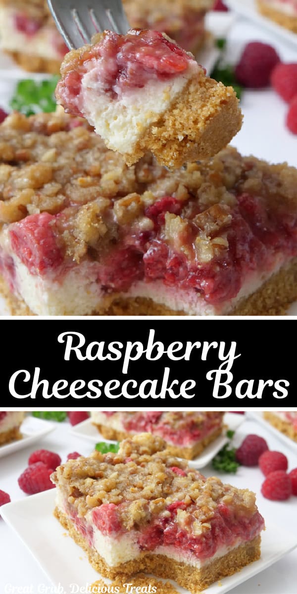 A double collage photo of raspberry cheesecake bars with the title of the recipe in the center of both pictures.