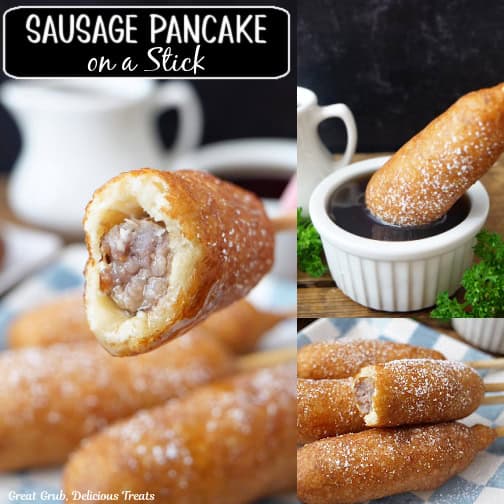 A three collage photo of sausage pancake on a stick.