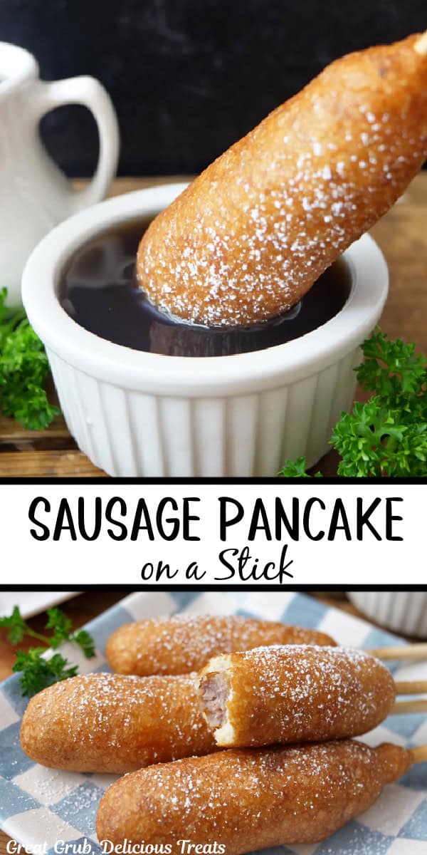 A double collage photo of sausage pancake on a stick.