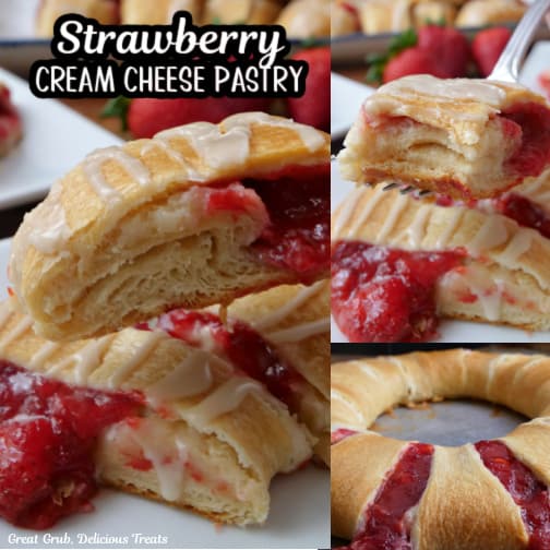 A three collage photo of a strawberry cream cheese pastry ring.