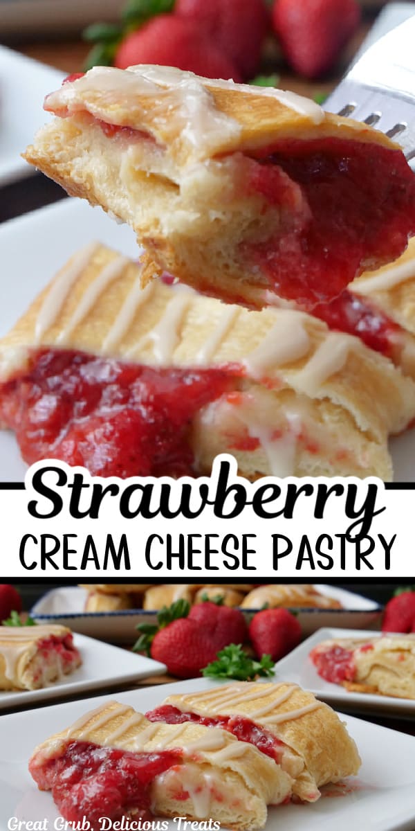 A double collage photo of strawberry cream cheese pastry.